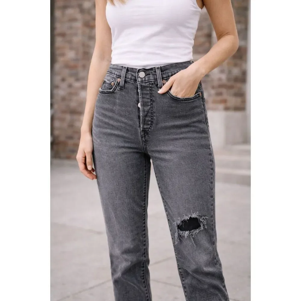 LEVIS Wedgie Distressed Ankle Denim Gray Wash Sz‎ 28